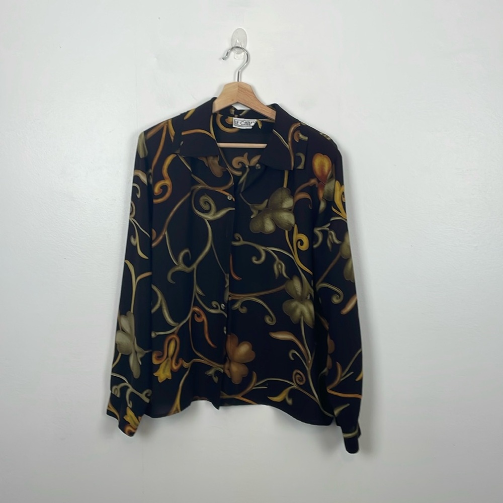 Le Caviar Button Up Collar Womens Long Sleeve Vintage Shoulder Pad Blouse